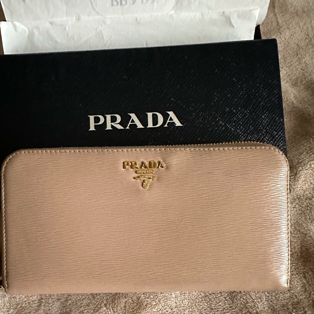 Prada Portafoglio Lampo Long Zipper Wallet in Cammeo Camel Beige w/COA